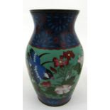 A late 19thC Meiji period cloisonne vase decorated birds and flowers on a green ground 21cm high