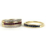 An 18ct gold diamond and ruby ring with interchangeable 18ct gold sapphire ring