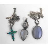 A silver and agate pendent and chain, another similar and a silver crucifix (3)