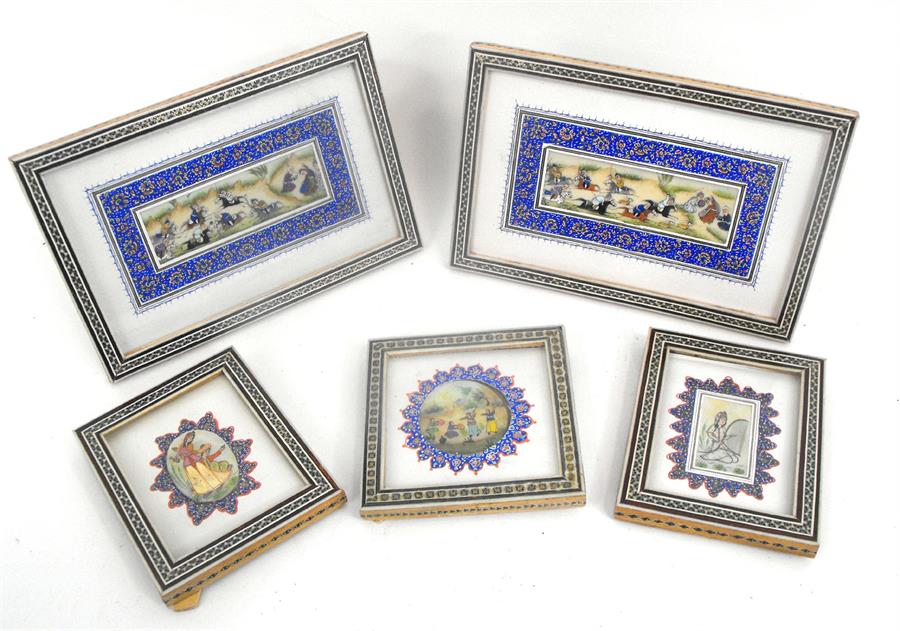 A group of Anglo Indian figural paintings on mother of pearl mounted in Sadeli micro mosaic