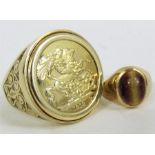A 9 carat gold coin set ring and another gold ring