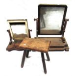A Victorian mahogany toilet mirror, another smaller similar, and an oak stool (3)
