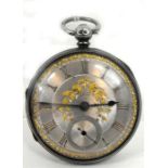 An open faced pocket watch, the silvered dial with Roman numerals and subsidary seconds, having a
