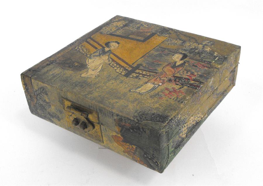 A Chinese velum box decorated with figures, 21cm x 21cm.