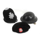 A Sussex Police Force helmet, a beret and a tin helmet (3)