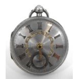 An open faced pocket watch, the silvered dial having Roman numerals and subsidiary seconds with