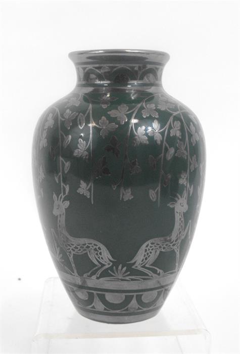 A Richard Ginori vase, decorated with deer and flowers silver overlay on a green ground, marked