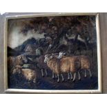 An early 19th century sand picture in the manner of Benjamin Zobel, depicting sheep and a donkey (