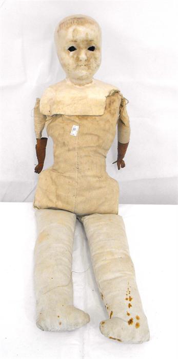 A 19th century wax headed doll with stuffed body, (AF), 74cm high.