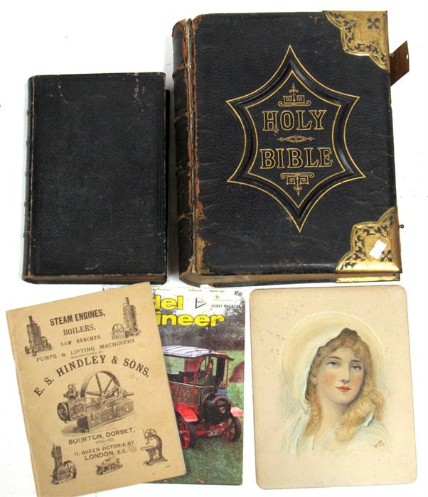 A brass bound family bible, another bible, and a portrait of a young girl, watercolour,