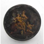 A Georgian circular tortoiseshell and papier mache snuff box, the top painted with a classical scene