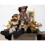 A Knightsbridge Collection porcelain clown, and other toy clowns (box).