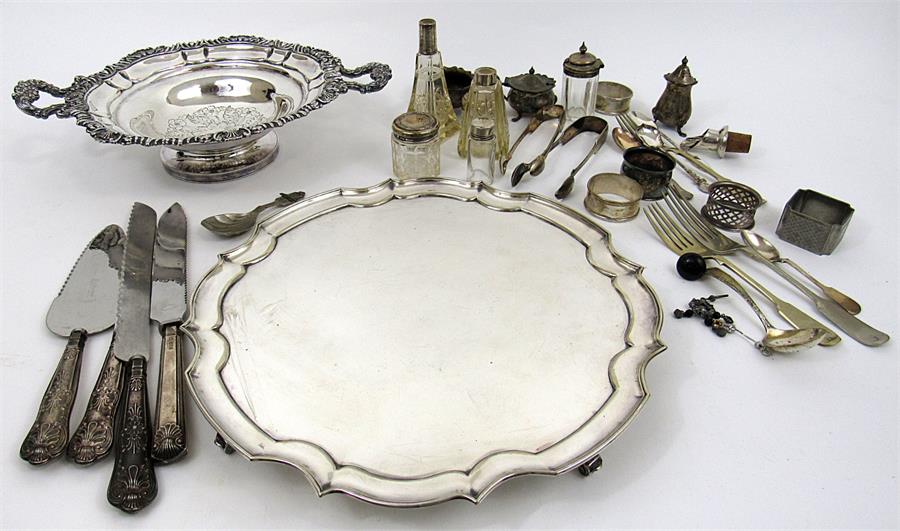 A silver plated two handled bowl, a silver plated salver, and other silver and silver plated