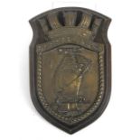 A Bronze ships plaque mounted on wood, the B. E. Esmeralda of the Chilean Navy 17cm x 27cm