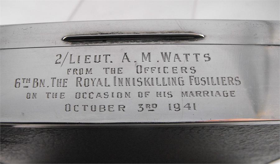 A silver table cigarette box, Birmingham 1940, with military inscription, "2nd Lieut. A. M. Watts - Image 2 of 2