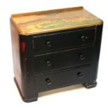 A Japanique painted chest, with three long drawers, 77cms wide.