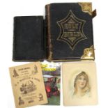 A brass bound family bible, another bible, and a portrait of a young girl, watercolour,