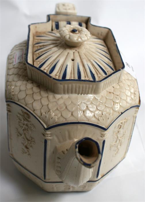 A 19th Century Parian glazed teapot with blue decoration and cherub embossed panels, 14.5cm high. - Image 5 of 9