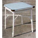 A Lloyd Loom style glass square topped garden table, 61cms wide.