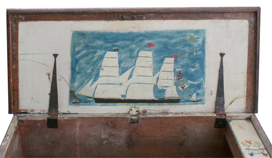 A 19th century mahogany seaman's trunk, painted with a three masted ship to inside lid, 109cms - Image 2 of 2