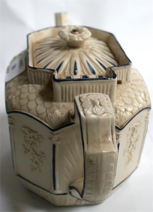 A 19th Century Parian glazed teapot with blue decoration and cherub embossed panels, 14.5cm high. - Image 3 of 9