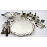 A silver plated two handled bowl, a silver plated salver, and other silver and silver plated