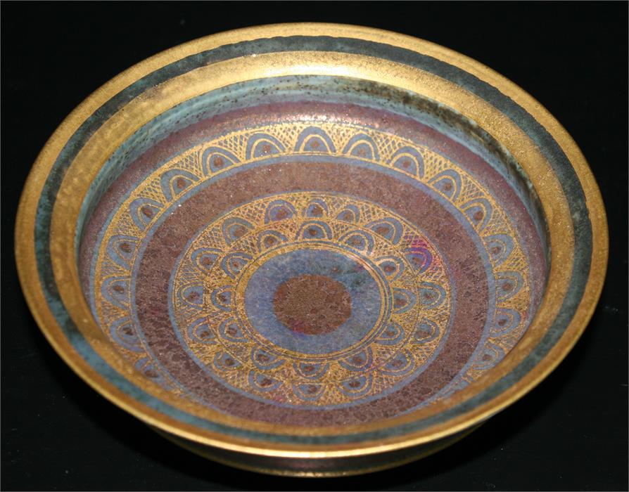 Mary Rich (b1940), Studio pottery conical bowl with gilded geometric decoration, incised mark to