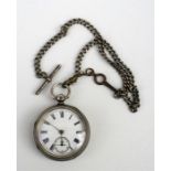 A silver open faced pocket watch, the white enamel dial with roman numerals and subsidiary