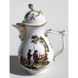 A Meissen style water jug with scenes of soldiers at camp, bearing AR Augustus Rex mark to the