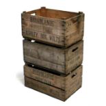 Two Broadlands Fruit Farm wooden crates, 54cms wide, and another similar (3).