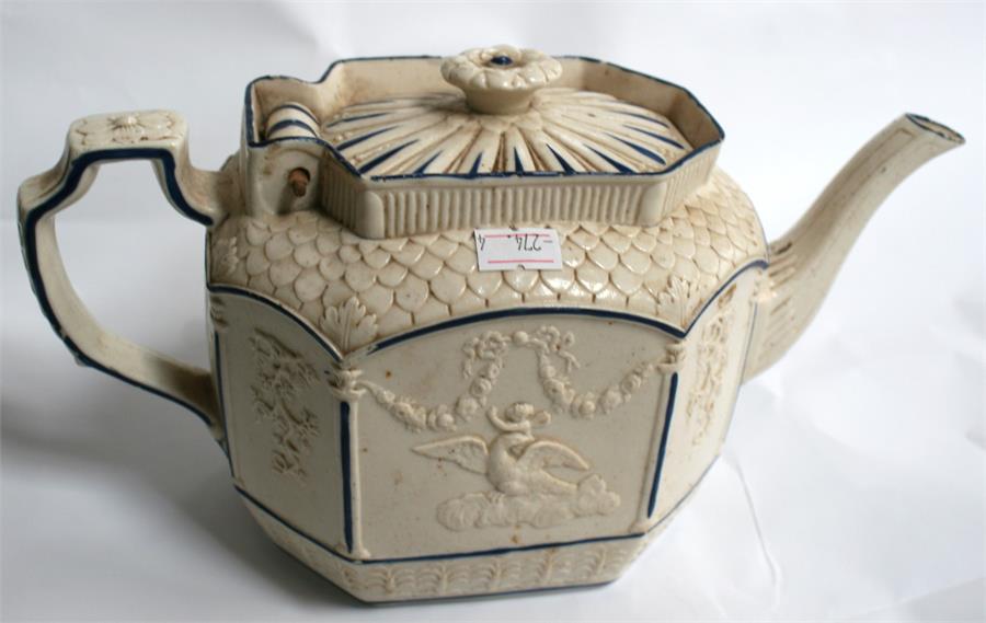 A 19th Century Parian glazed teapot with blue decoration and cherub embossed panels, 14.5cm high. - Image 4 of 9