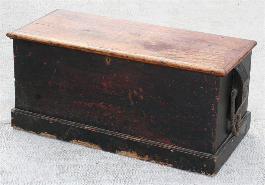 A 19th century mahogany seaman's trunk, painted with a three masted ship to inside lid, 109cms