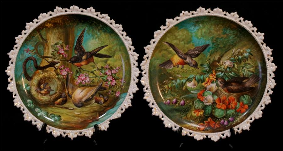 A Victorian Continental plate, hand painted with birds, chicks and a snake, 25cms. diameter; and