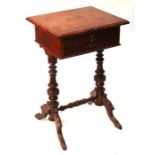 A 19th century figured walnut work table, with sectioned interior and two frieze drawers, on