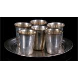 A set of six Russian Kiddush cups and tray with engraved decoration, weight 91.4g.