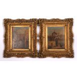 Continental School - two oils on panel paintings depicting street scenes, in gilt frames, (2) 11.5cm