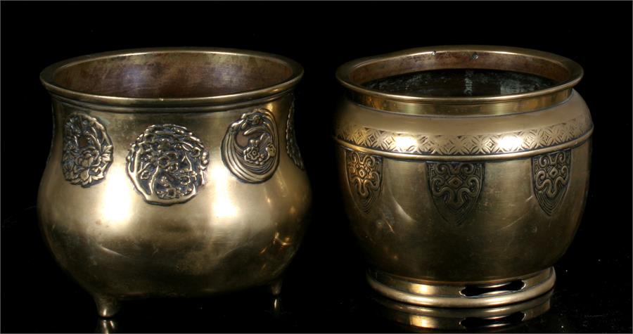 Two late 19th / early 20th century Japanese brass censers, 9cm high (2).
