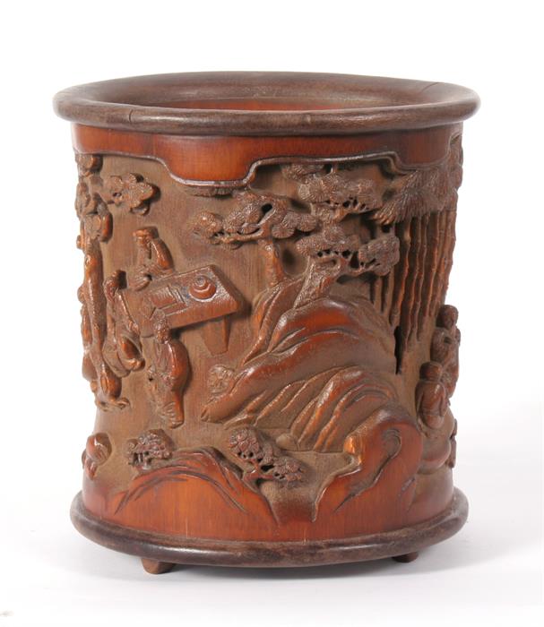 A Chinese pierced and deeply carved brush pot, depicting figures sat around tables with prunus and - Image 5 of 8