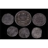 Three Elizabethan coins, one 561 and two 1563 coins; an 1834 shilling, a 1927 Parliament House