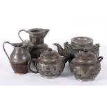 A Chinese Wen Hua Shun Yixing pottery and pewter five piece tea set decorated withdragons (5).