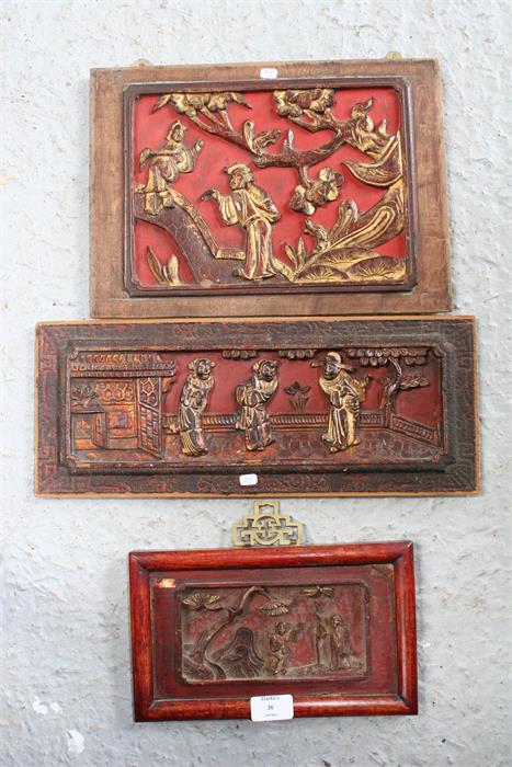 Three Chinese carved wooden and gilded figural plaques, 34cm by 25cm, 42cm by 17cm and 22cm by - Image 3 of 3