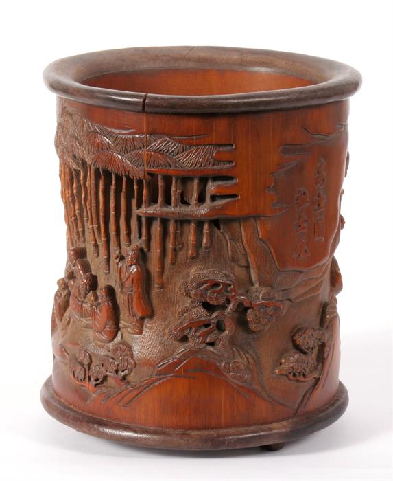 A Chinese pierced and deeply carved brush pot, depicting figures sat around tables with prunus and - Image 7 of 8