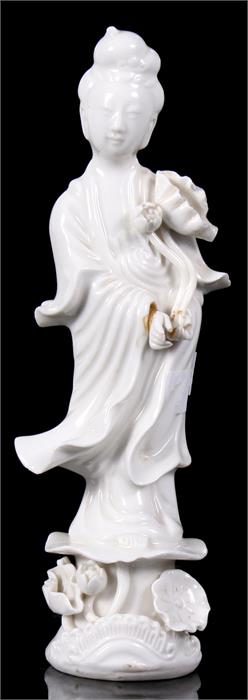 A Chinese Blanc de Chine figure in the form of Guanyin standing on a lily pad, 17cm high.