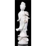 A Chinese Blanc de Chine figure in the form of Guanyin standing on a lily pad, 17cm high.