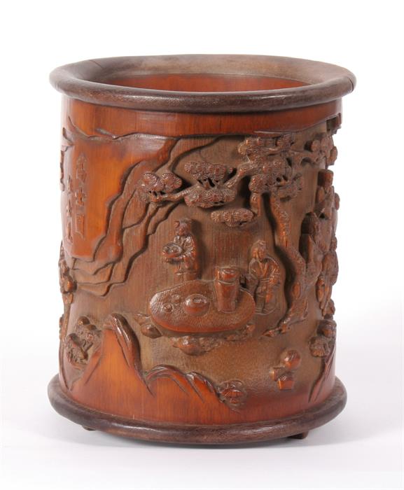 A Chinese pierced and deeply carved brush pot, depicting figures sat around tables with prunus and - Image 6 of 8