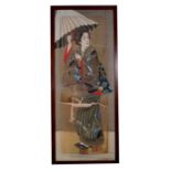 An early 20th century Japanese watercolour on silk depicting a Geisha girl, framed and glazed,