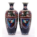 A pair of Japanese Cloisonne vases decorated with birds and dragons, on a deep blue ground, 24cm