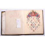 A leather-bound book containing watercolours with heraldic crests.
