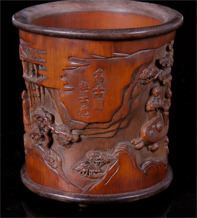 A Chinese pierced and deeply carved brush pot, depicting figures sat around tables with prunus and - Image 3 of 8