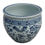 A large 19th century Chinese blue & white jardiniere decorated with birds and flowers in underglazed